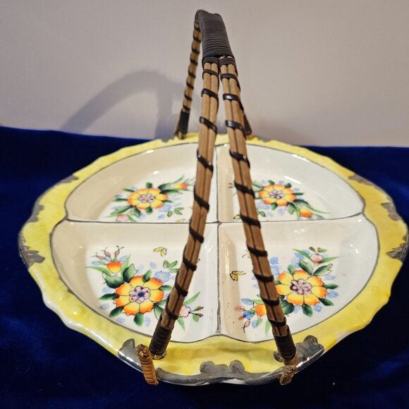 Vintage Ceramic Divided Serving Dish With Floral Design & Wicker Handle - Picture 3 of 16